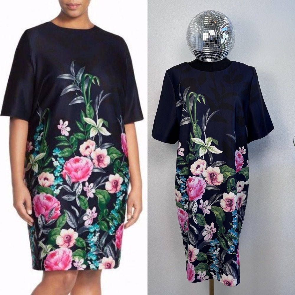Eliza J Floral Short Sleeve Shift Dress Size 8 | Navy Blue with Pink Flowers